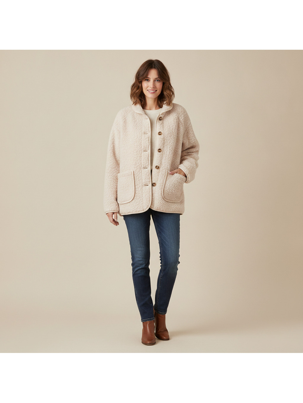 Talulah Cream Sherpa Button-Up Jacket with Quilted Lining